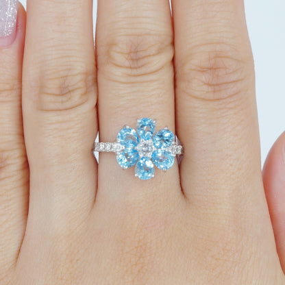 フラワーリング 指輪 ハフエタ ブルートパーズ 2ct D0.38ct プラチナ900 鑑別書付