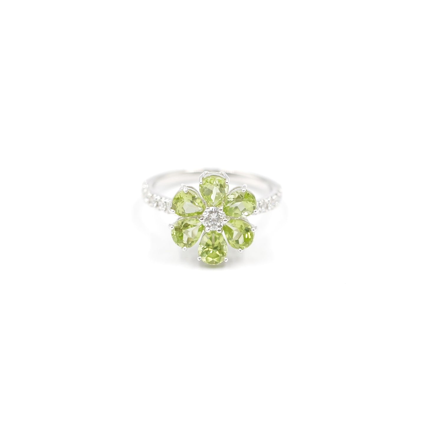 フラワーリング 指輪 ハフエタ ペリドット 1.7ct D0.38ct プラチナ900 鑑別書付