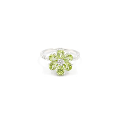 フラワーリング 指輪 ハフエタ ペリドット 1.7ct D0.38ct プラチナ900 鑑別書付