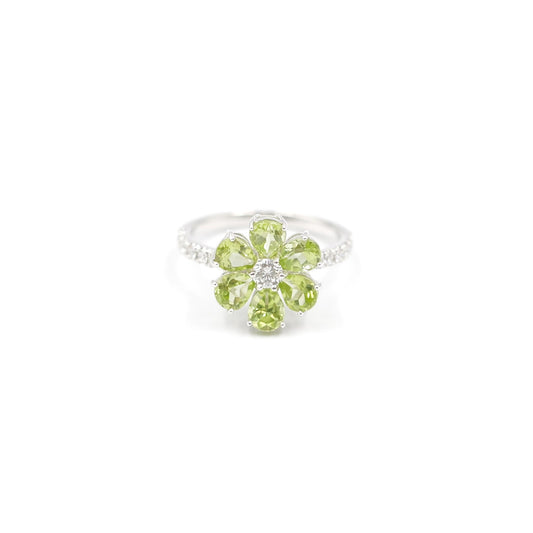 フラワーリング 指輪 ハフエタ ペリドット 1.7ct D0.38ct プラチナ900 鑑別書付