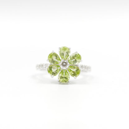 フラワーリング 指輪 ハフエタ ペリドット 1.7ct D0.38ct プラチナ900 鑑別書付