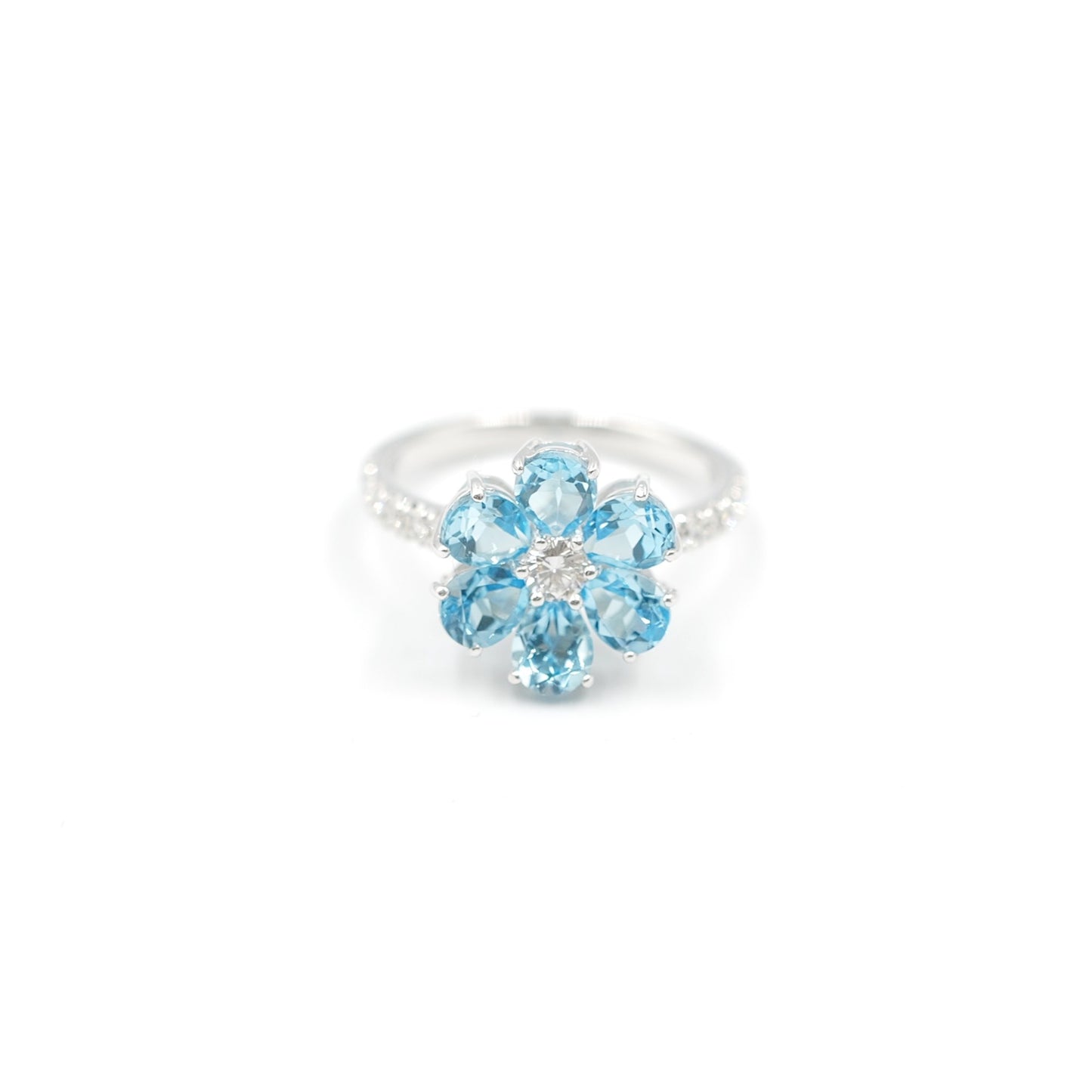 フラワーリング 指輪 ハフエタ ブルートパーズ 2ct D0.38ct プラチナ900 鑑別書付