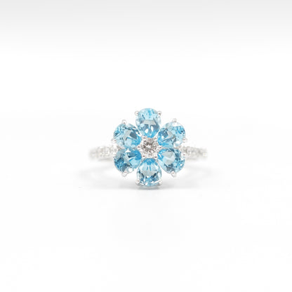 フラワーリング 指輪 ハフエタ ブルートパーズ 2ct D0.38ct プラチナ900 鑑別書付