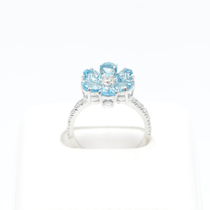 フラワーリング 指輪 ハフエタ ブルートパーズ 2ct D0.38ct プラチナ900 鑑別書付